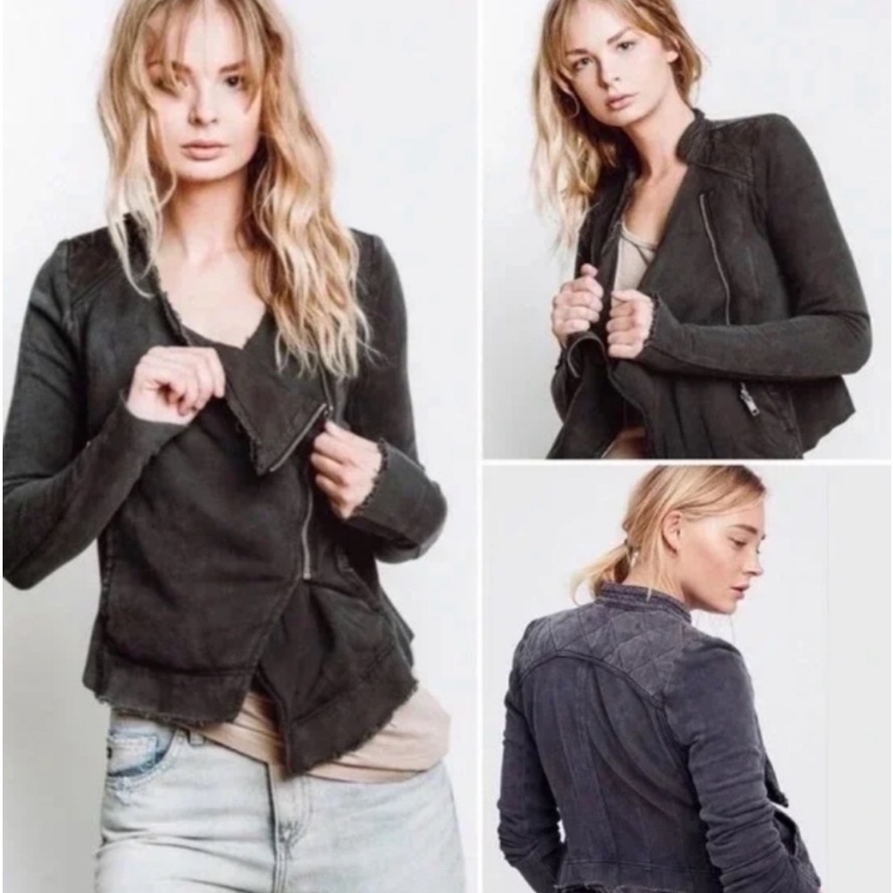 Free People Drape Front Coated Jacket Black Moto Waxed Denim - Picture 2 of 7